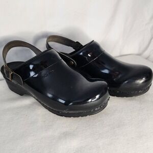 Sanita Black Patent Leather Clogs Slip On Slingback Wedge Heel Shoes